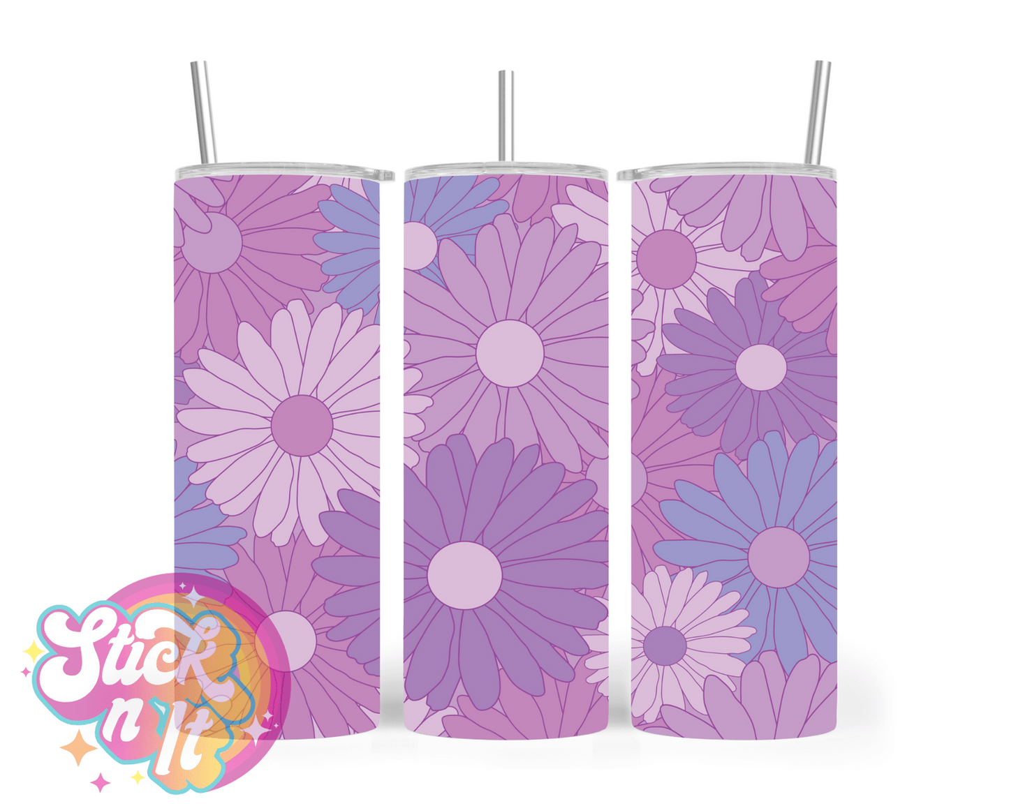 Stainless steel insulated tumbler featuring retro flowers in purples