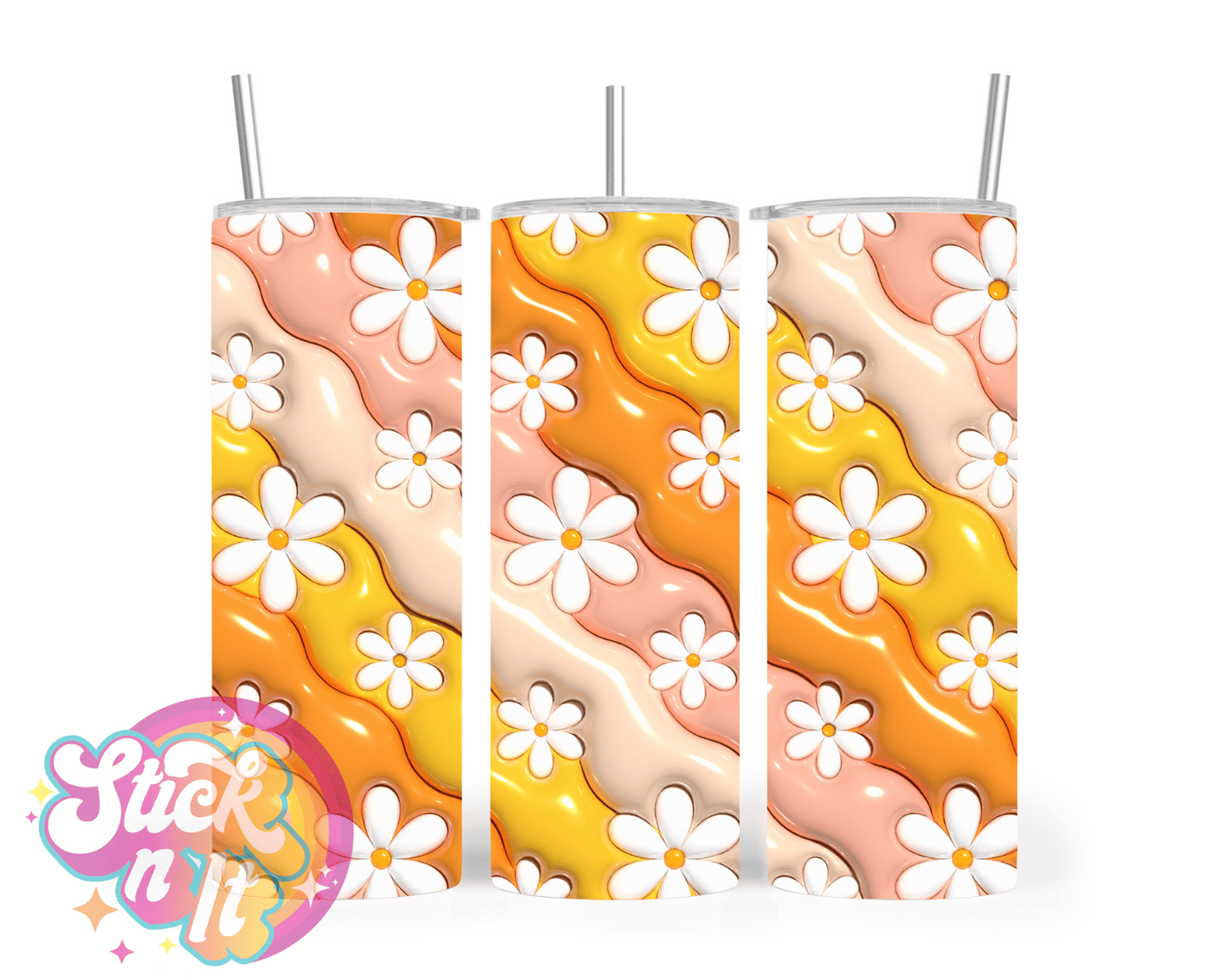 Stainless steel insulated tumbler featuring orange retro flowers