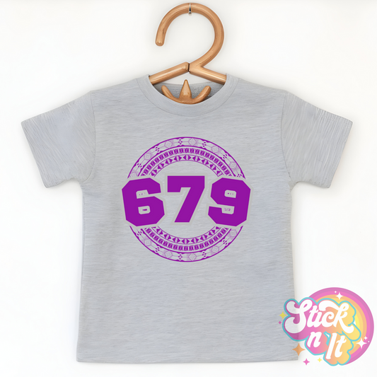Kids size grey shirt featuring a Pacific Islands Fiji design with area code 679 in purple.
