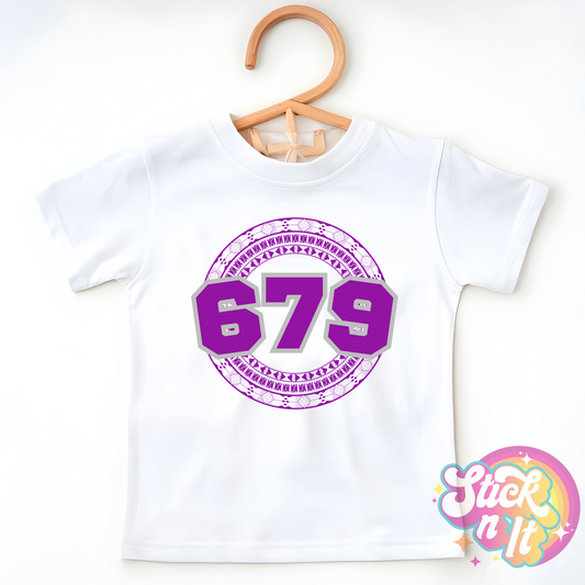 Kids size white shirt featuring a Pacific Islands Fiji design with area code 679 in purple.