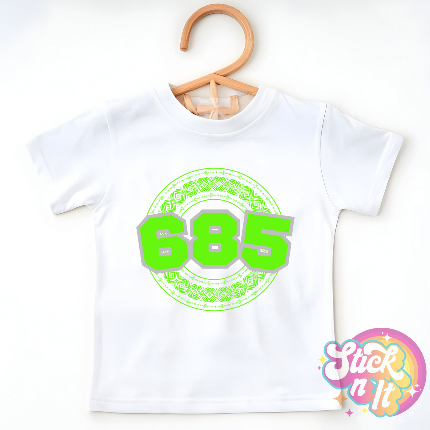 Kids size white shirt featuring a Polynesian Samoa design with area code 685 in lime.