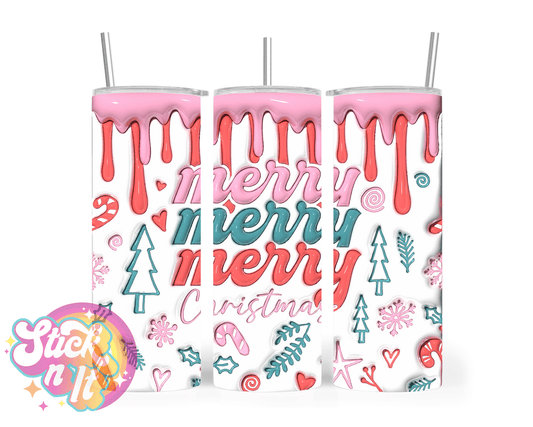 Stainless steel insulated tumbler featuring quote Merry Merry Christmas