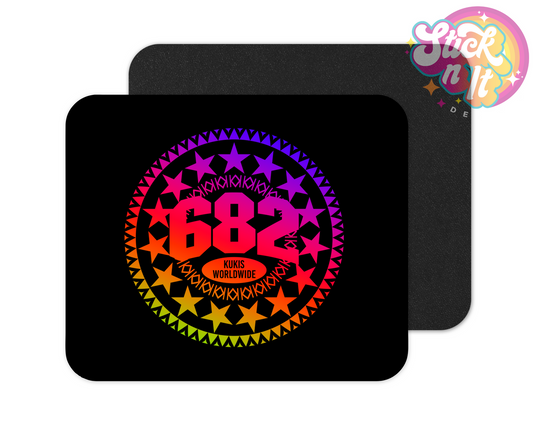 Mouse pad featuring a Polynesian Cook Islands 15-star design with area code 682 and Kukis Worldwide in neon