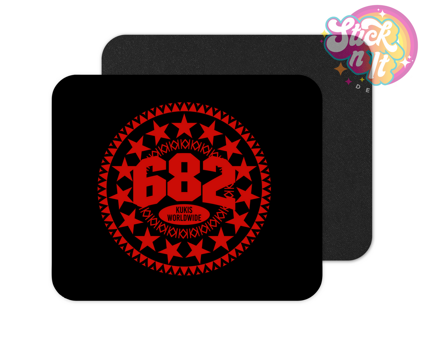 Mouse pad featuring a Polynesian Cook Islands 15-star design with area code 682 and Kukis Worldwide in red