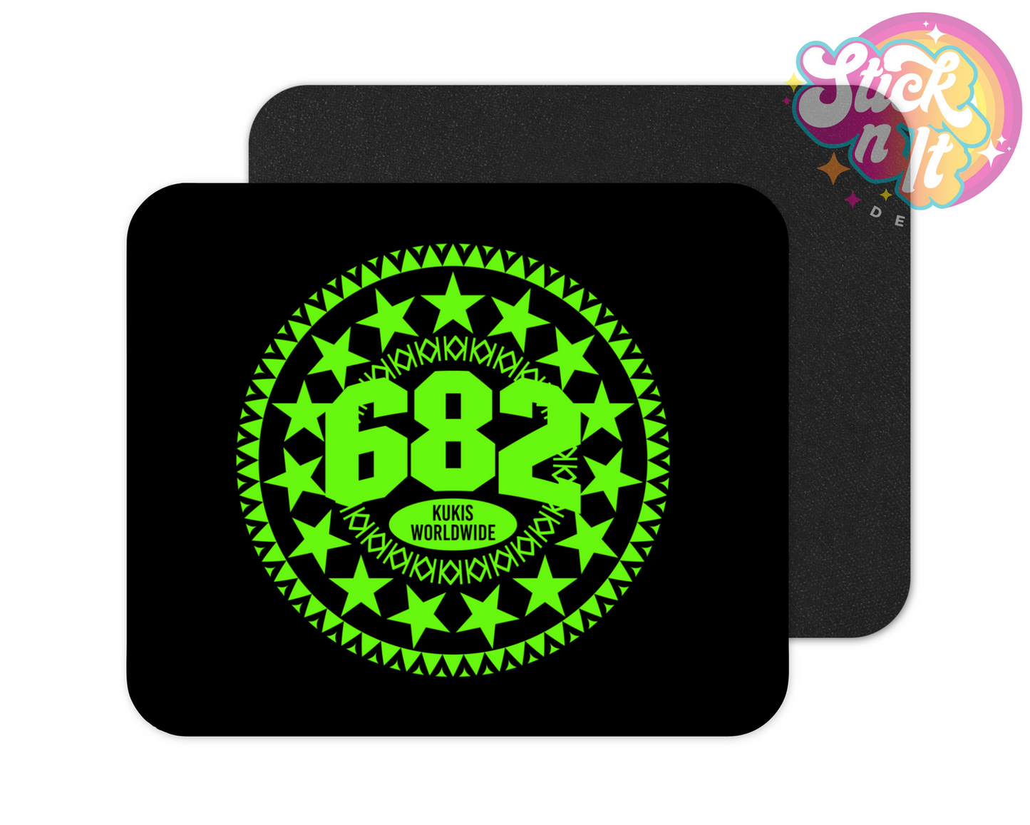 Mouse pad featuring a Polynesian Cook Islands 15-star design with area code 682 and Kukis Worldwide in lime