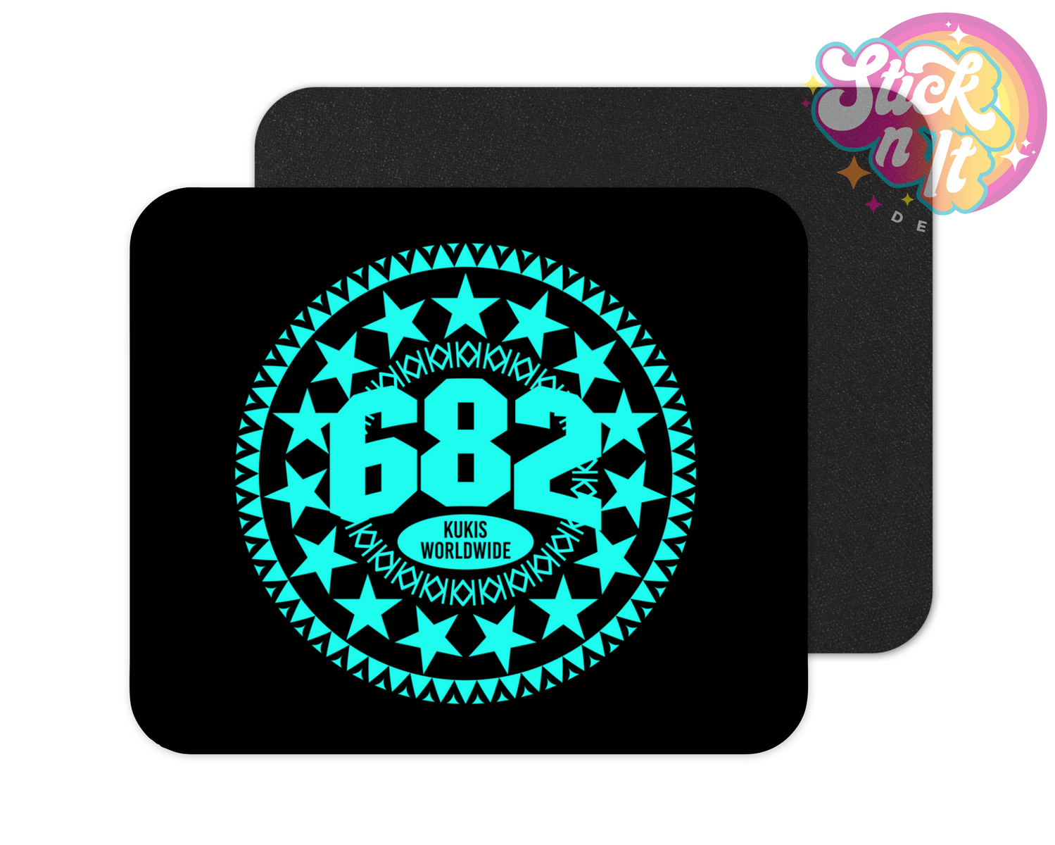 Mouse pad featuring a Polynesian Cook Islands 15-star design with area code 682 and Kukis Worldwide in aqua
