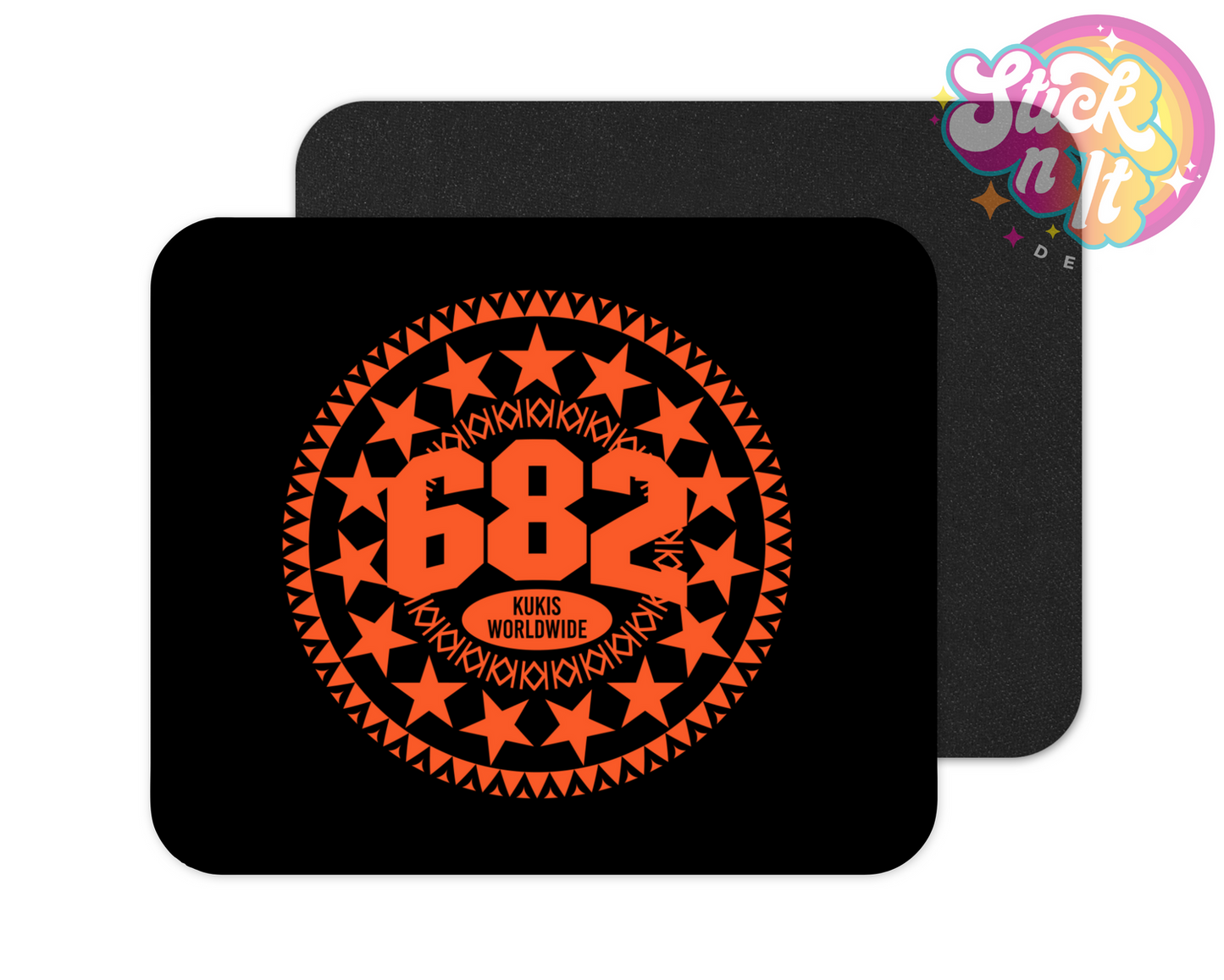Mouse pad featuring a Polynesian Cook Islands 15-star design with area code 682 and Kukis Worldwide in orange