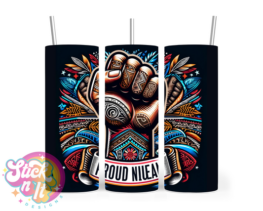 Stainless steel black tumbler with raised fist and quote Proud Niuean