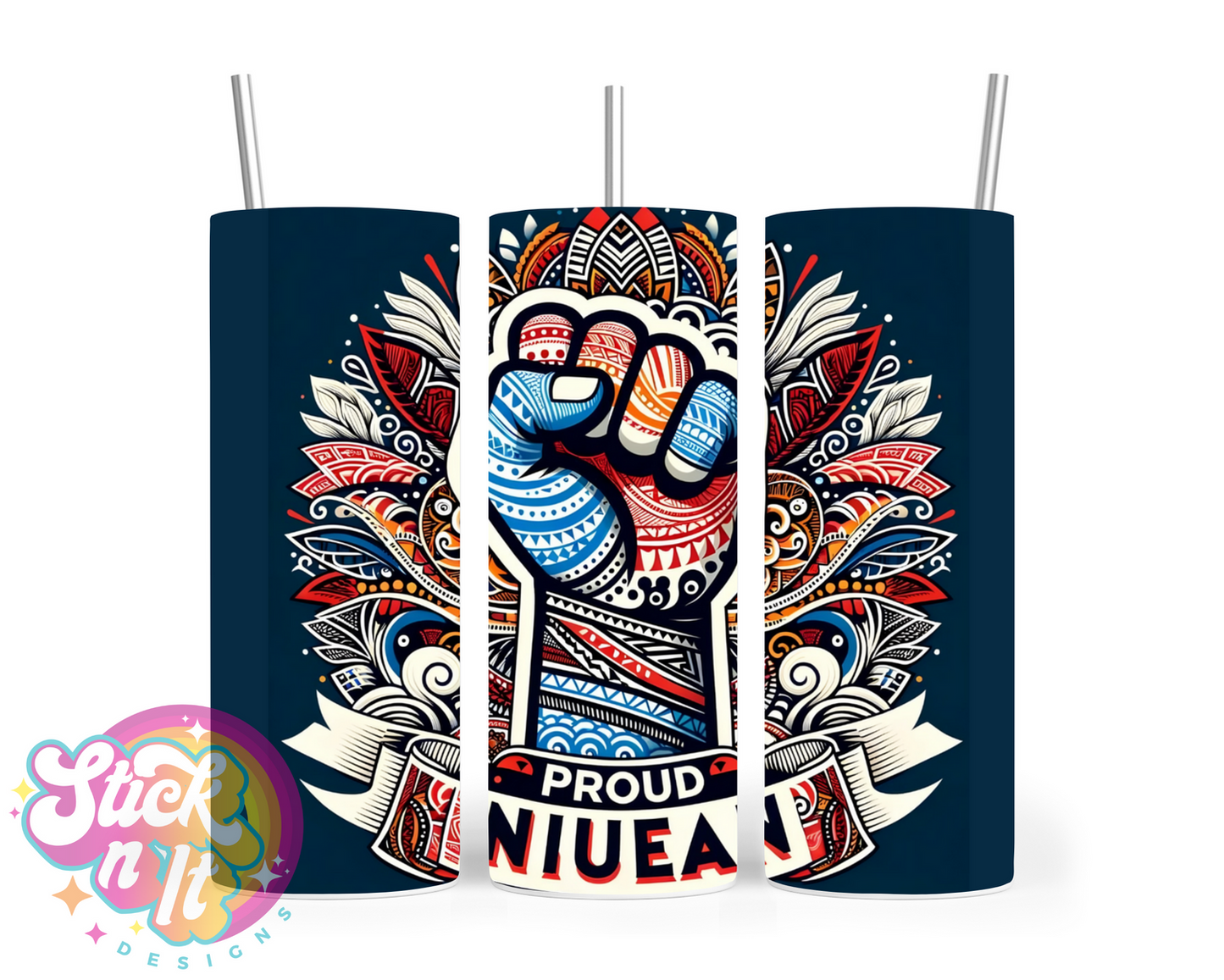 Stainless steel insulated tumbler on a blue background and quote Proud Niuean with raised fist