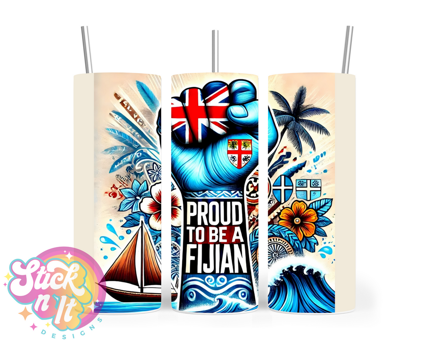 Stainless steel tumbler featuring a raised fist and quote Proud to be a Fijian on a cream background