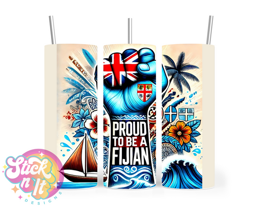 Stainless steel tumbler featuring a raised fist and quote Proud to be a Fijian on a cream background