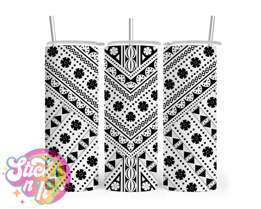 Insulated stainless steel tumbler with Pacific Islands Fiji design in white and black 