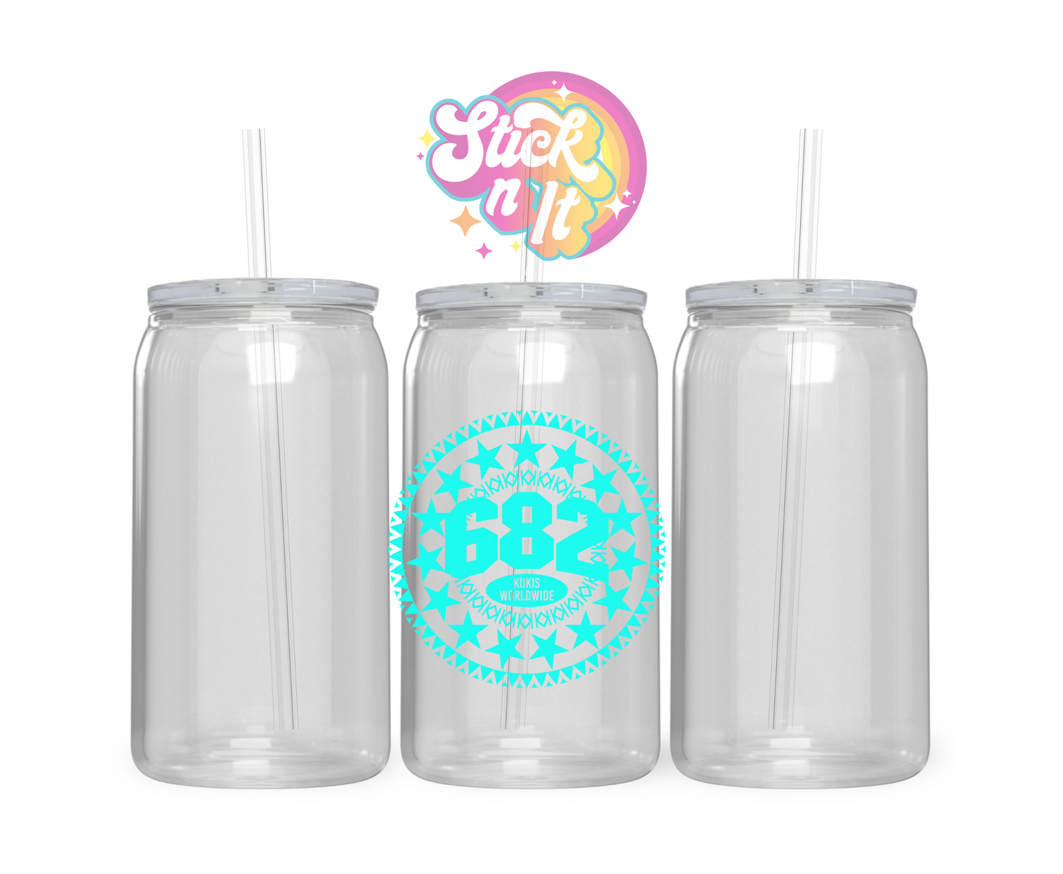 Acrylic cup featuring Cook Island 15-star design with 682 and Kukis Worldwide in aqua