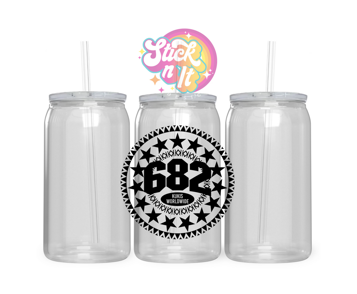 Acrylic cup featuring Cook Island 15-star design with 682 and Kukis Worldwide in black