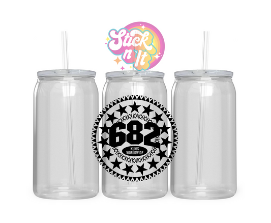 Acrylic cup featuring Cook Island 15-star design with 682 and Kukis Worldwide in black