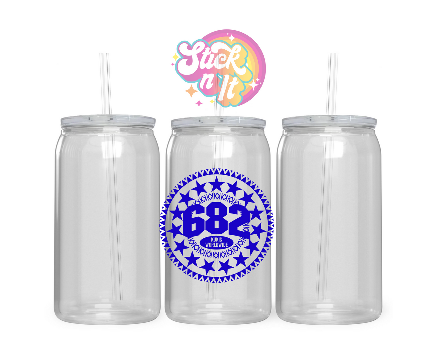 Acrylic cup featuring Cook Island 15-star design with 682 and Kukis Worldwide in blue