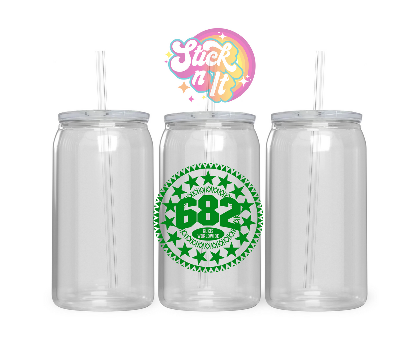 Acrylic cup featuring Cook Island 15-star design with 682 and Kukis Worldwide in green