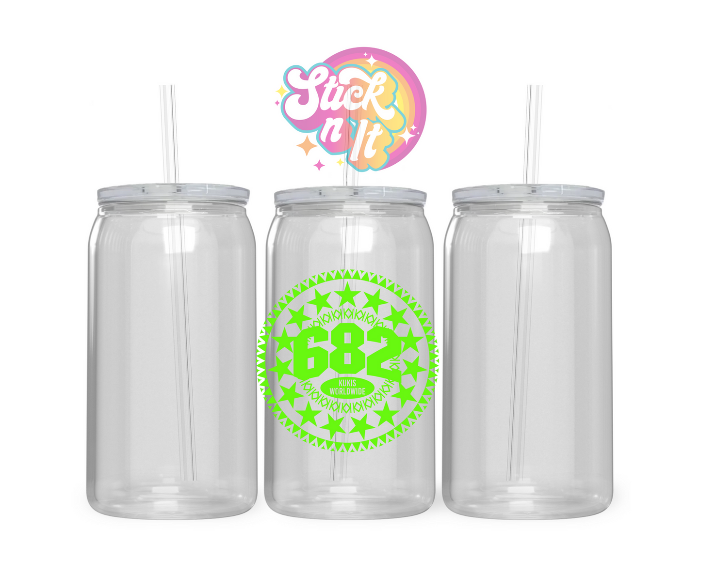 Acrylic cup featuring Cook Island 15-star design with 682 and Kukis Worldwide in lime