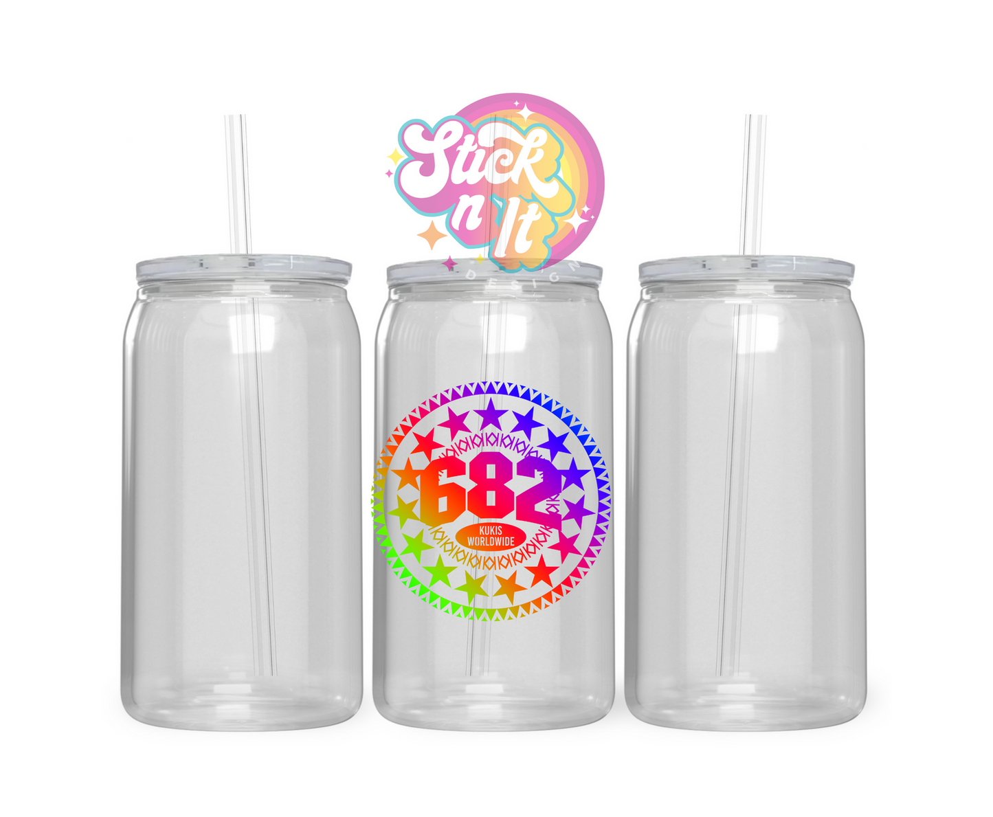Acrylic cup featuring Cook Island 15-star design with 682 and Kukis Worldwide in neon