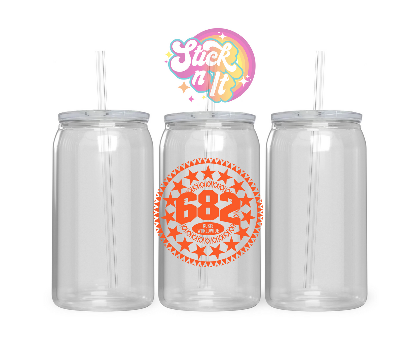 Acrylic cup featuring Cook Island 15-star design with 682 and Kukis Worldwide in orange