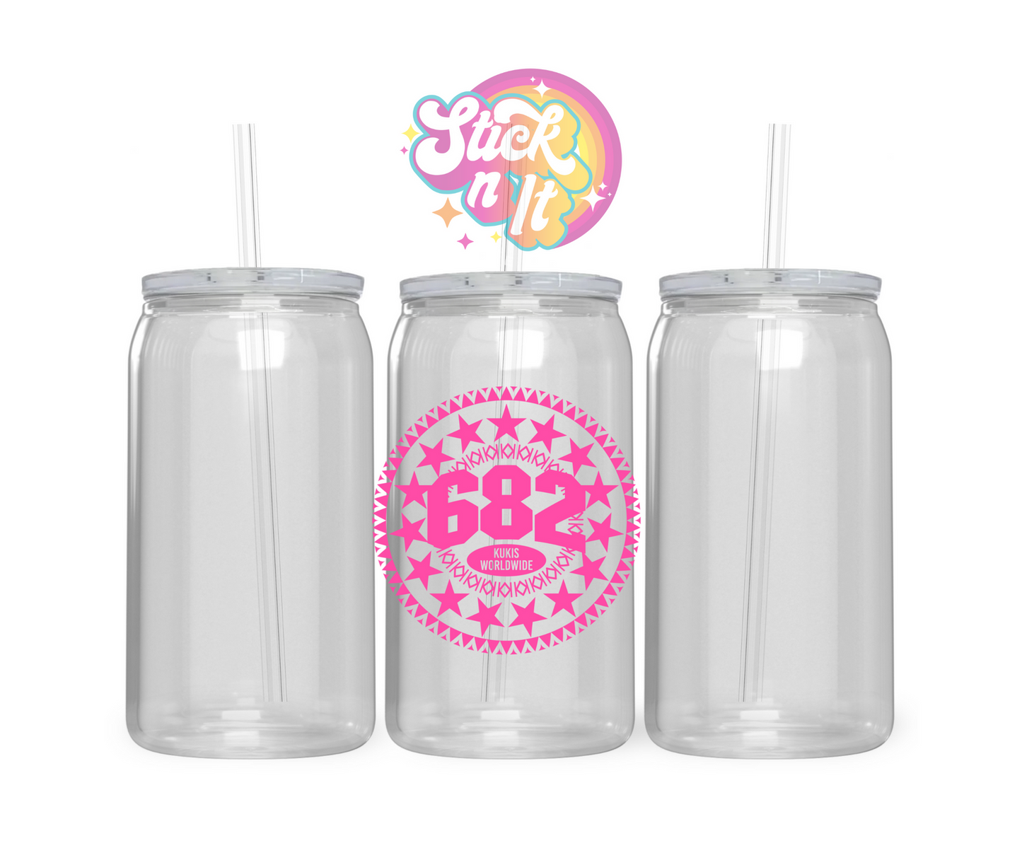 Acrylic cup featuring Cook Island 15-star design with 682 and Kukis Worldwide in pink