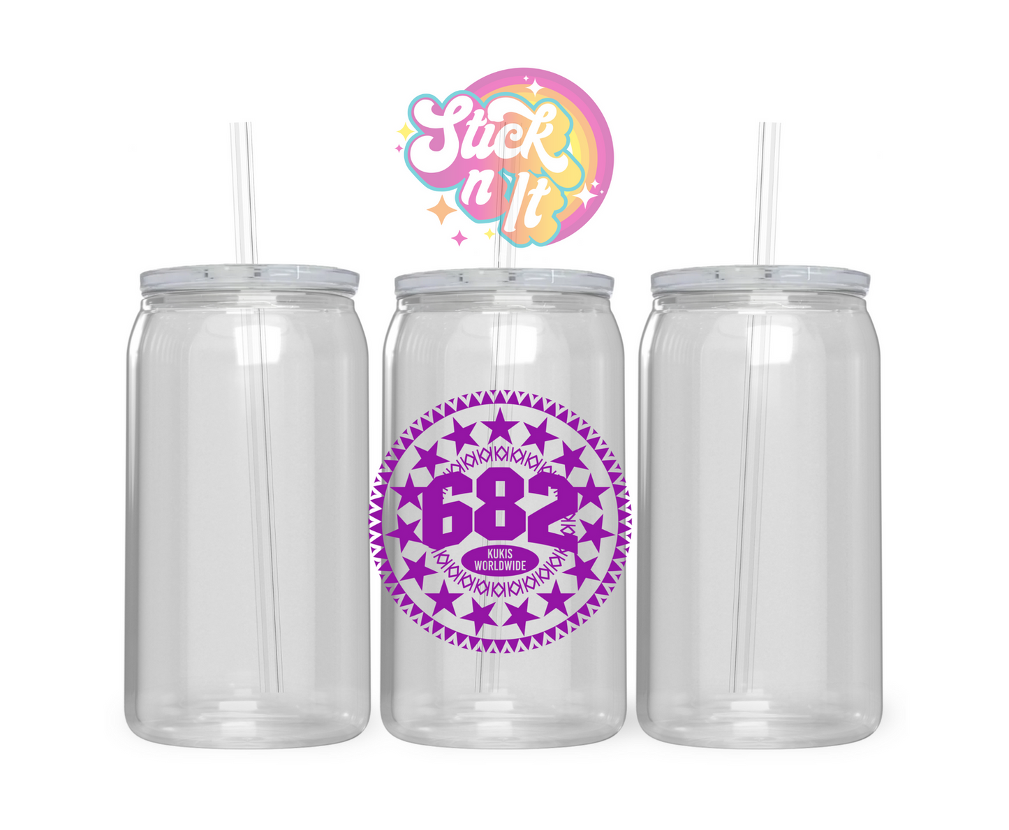 Acrylic cup featuring Cook Island 15-star design with 682 and Kukis Worldwide in purple