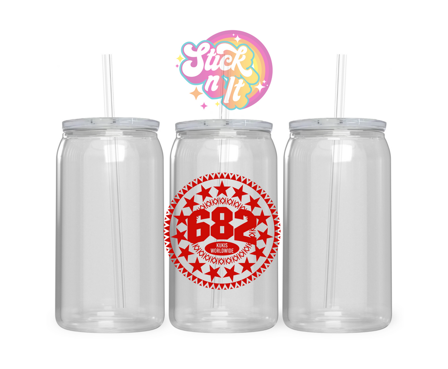 Acrylic cup featuring Cook Island 15-star design with 682 and Kukis Worldwide in red