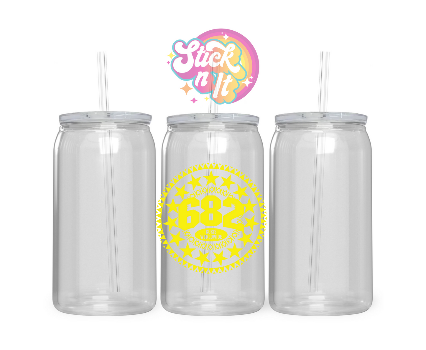 Acrylic cup featuring Cook Island 15-star design with 682 and Kukis Worldwide in yellow