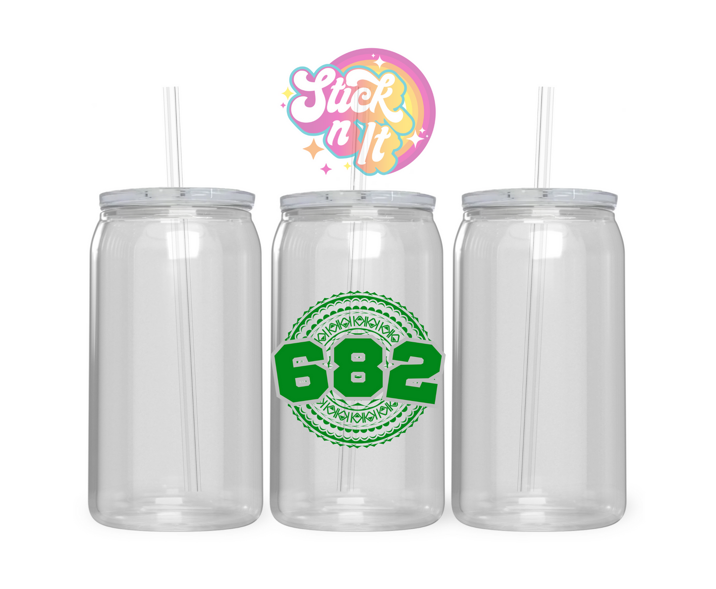 Acrylic cup featuring Polynesian Cook Islands design with area code 682 in green