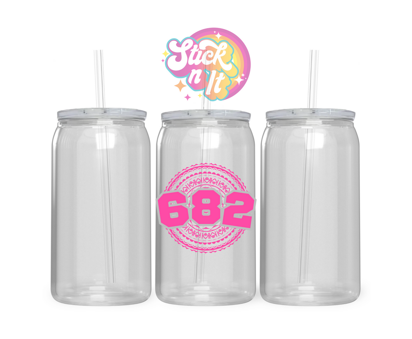 Acrylic cup featuring Polynesian Cook Islands design with area code 682 in pink