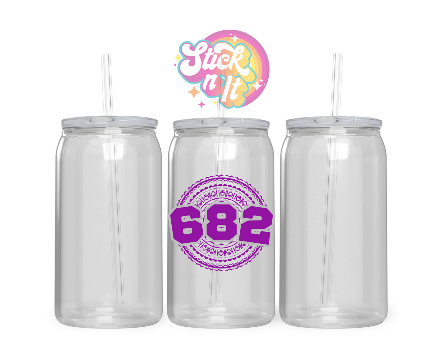 Acrylic cup featuring Polynesian Cook Islands design with area code 682 in purple