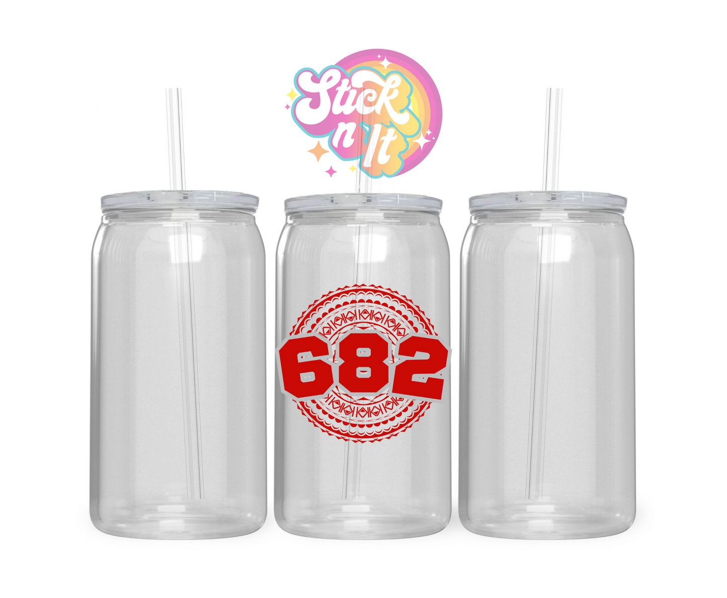 Acrylic cup featuring Polynesian Cook Islands design with area code 682 in red