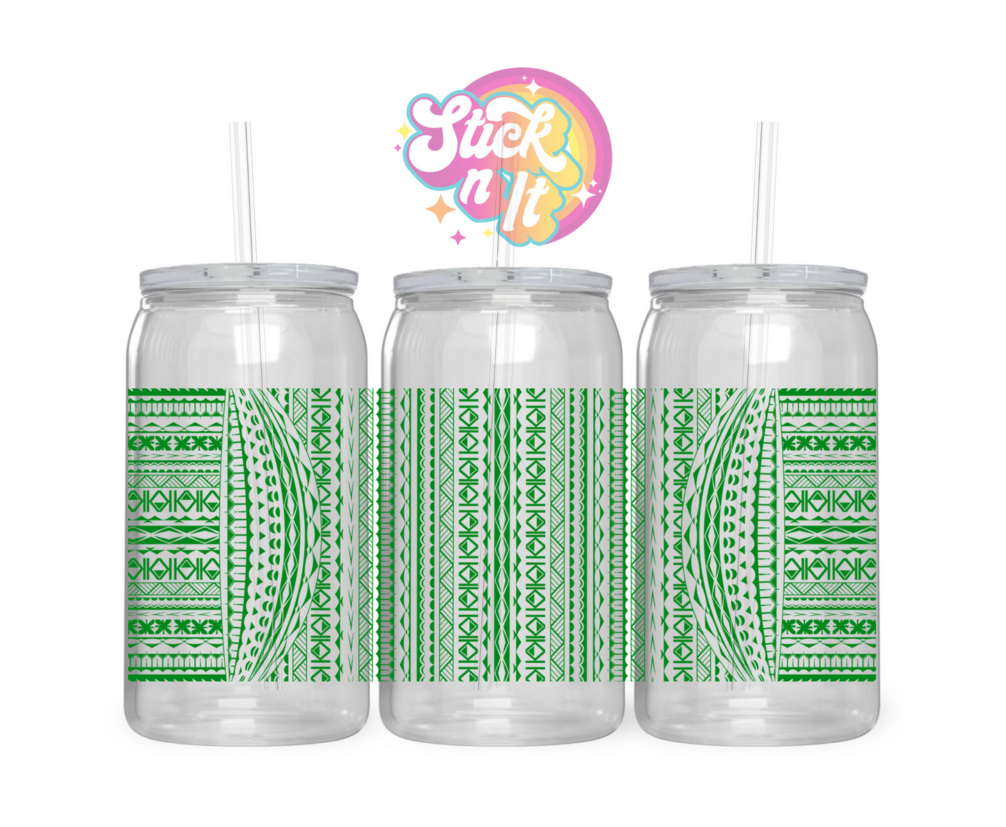 Acrylic cup featuring a Pacific Islands Cook Islands design wrap in green
