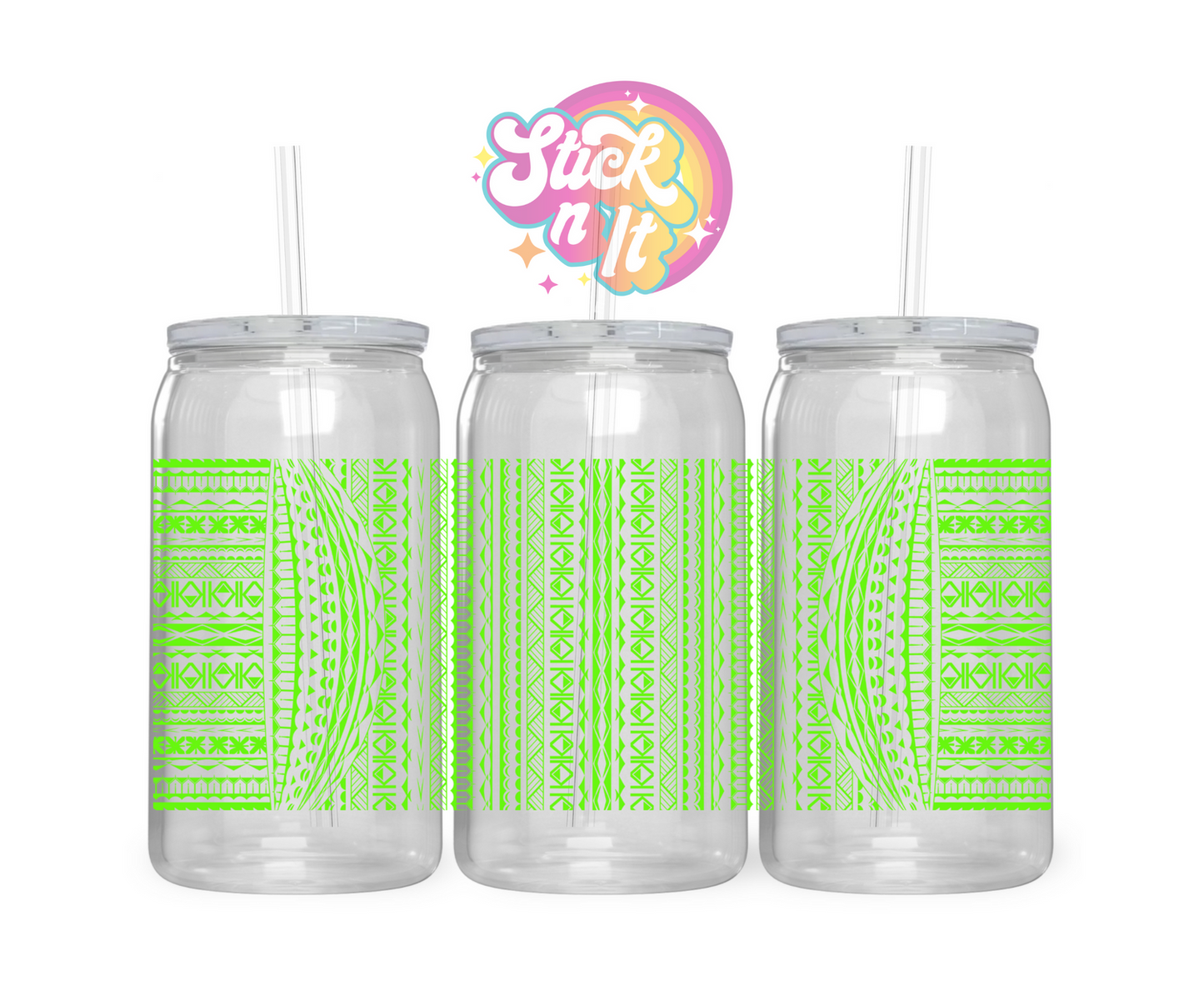Acrylic cup featuring a Pacific Islands Cook Islands design wrap in lime