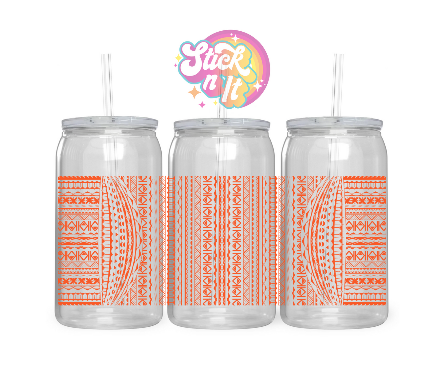 Acrylic cup featuring a Pacific Islands Cook Islands design wrap in orange