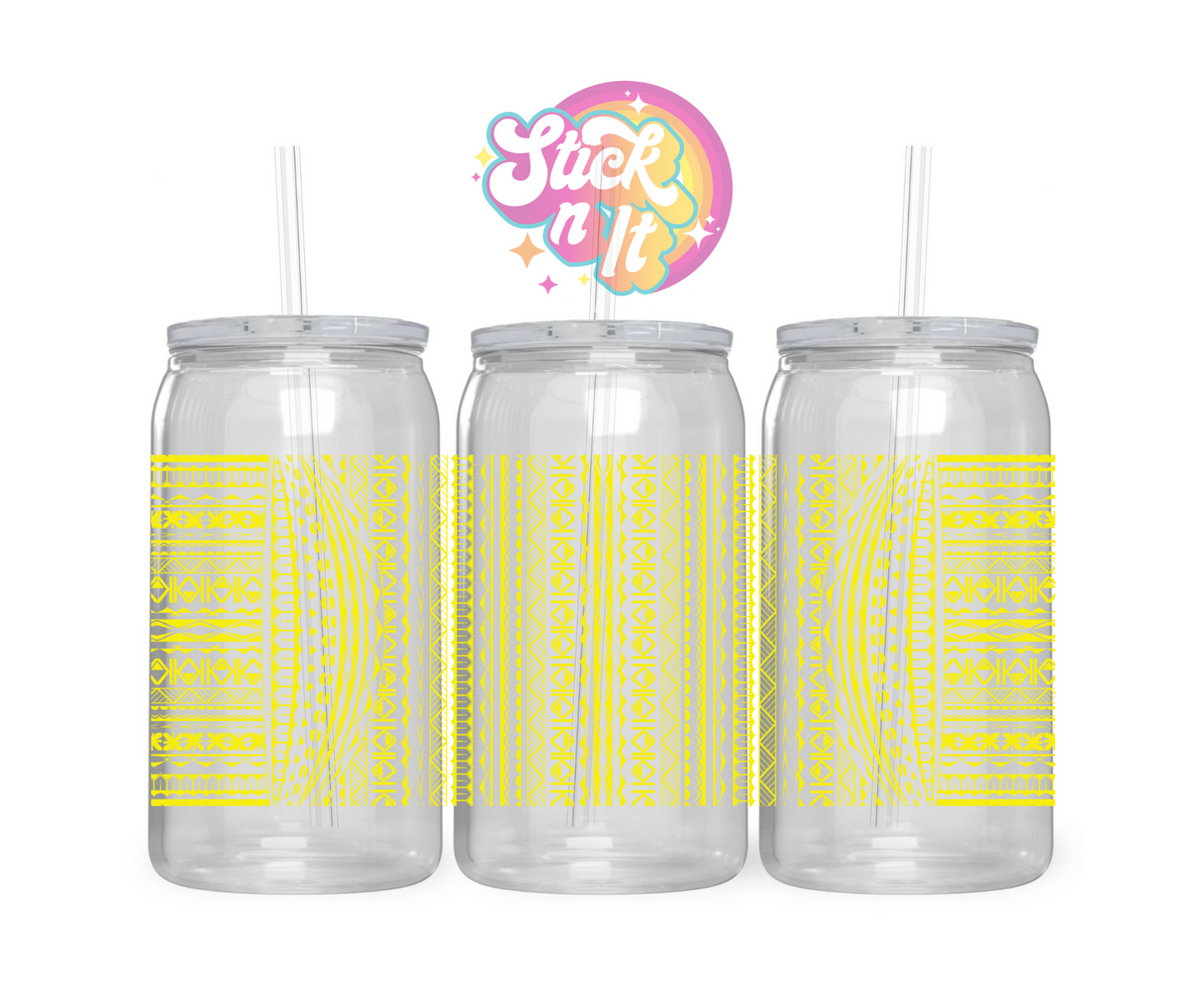 Acrylic cup featuring a Pacific Islands Cook Islands design wrap in yellow
