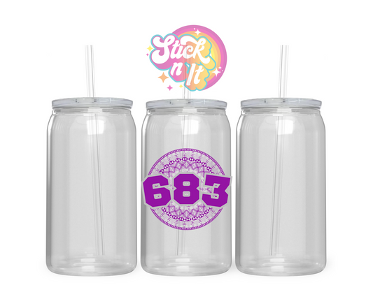 Acrylic cup featuring a Pacific Islands Niue design with area code 683 in purple.