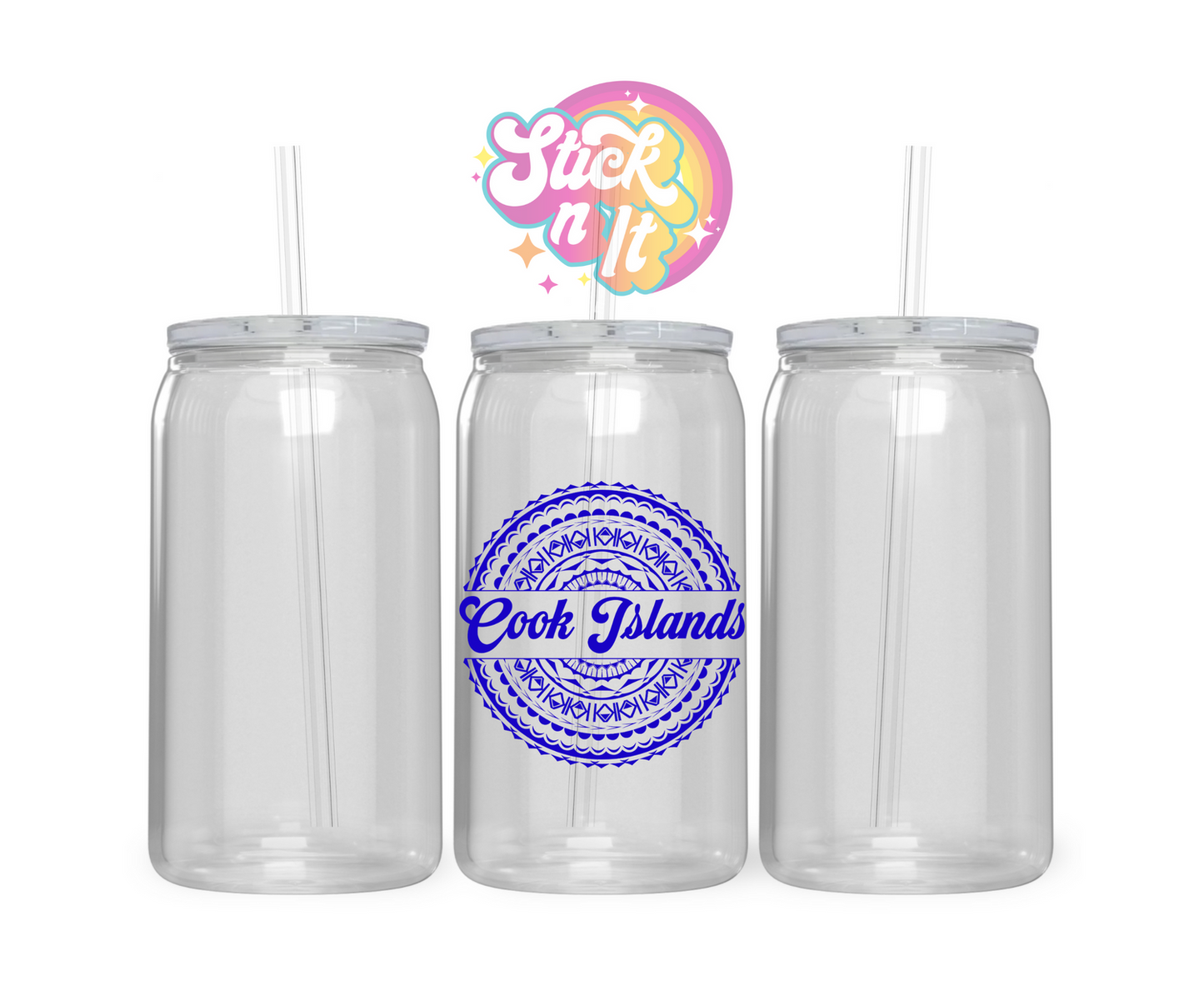 Acrylic cup featuring Polynesian Cook Islands design in blue