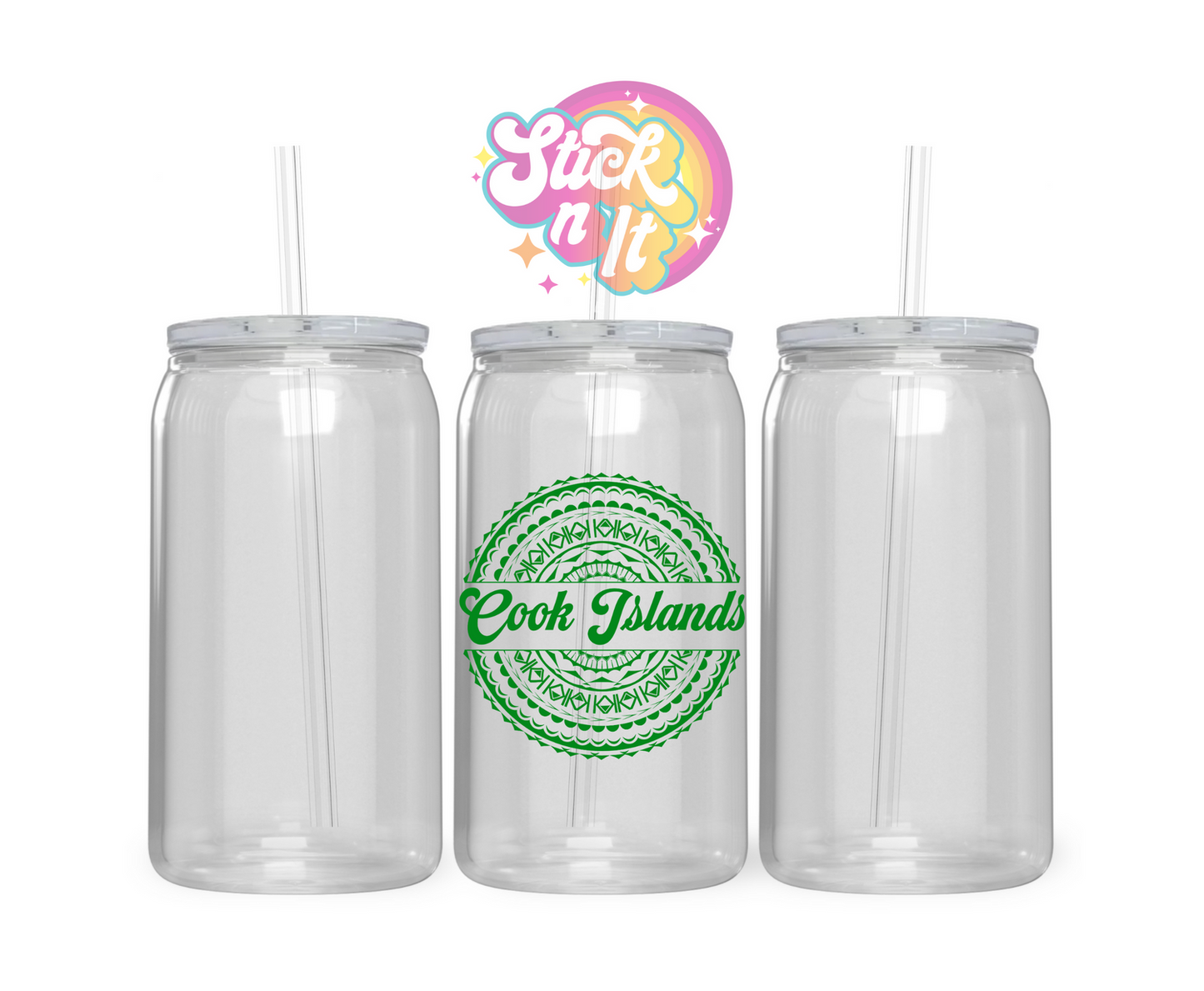 Acrylic cup featuring Polynesian Cook Islands design in green