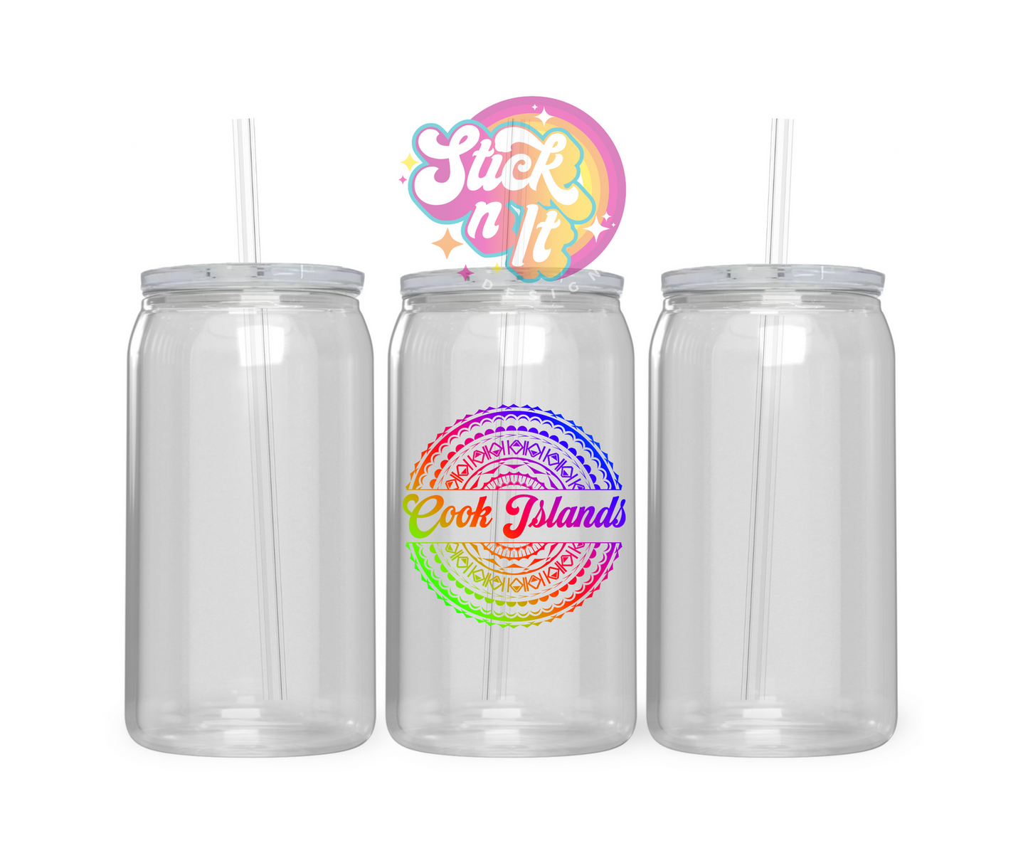 Acrylic cup featuring Polynesian Cook Islands design in neon