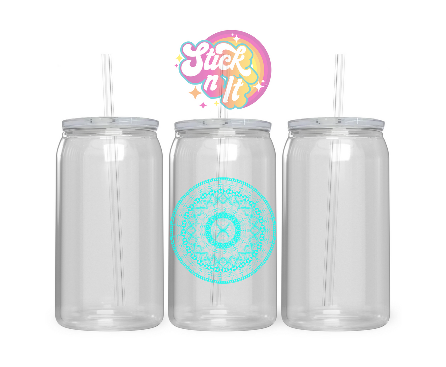 Acrylic cup with straw featuring a round Polynesian Niue design in aqua
