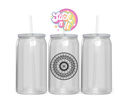 Acrylic cup with straw featuring a round Polynesian Niue design in black