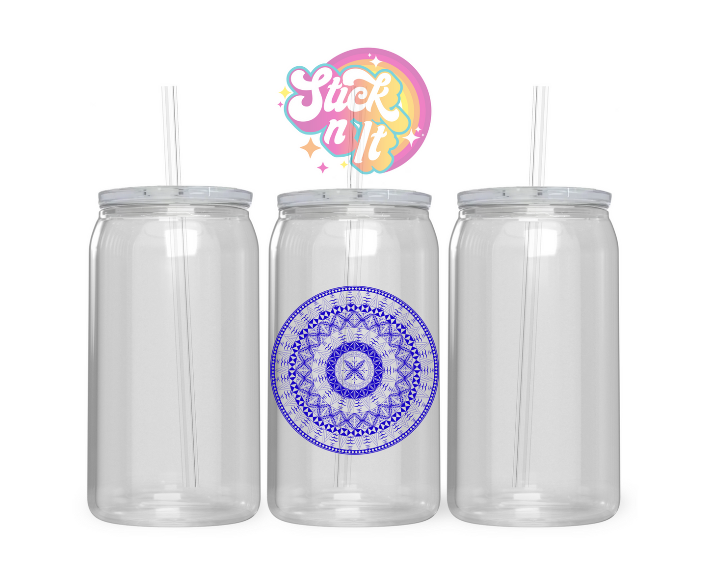 Acrylic cup with straw featuring a round Polynesian Niue design in blue