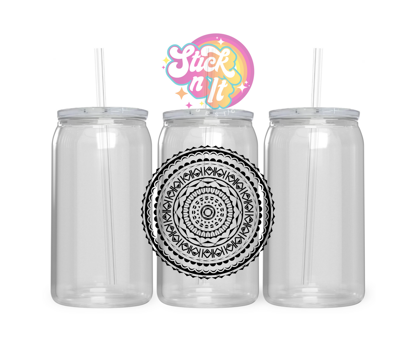 Acrylic cup featuring a round Polynesian Cook Islands design in black
