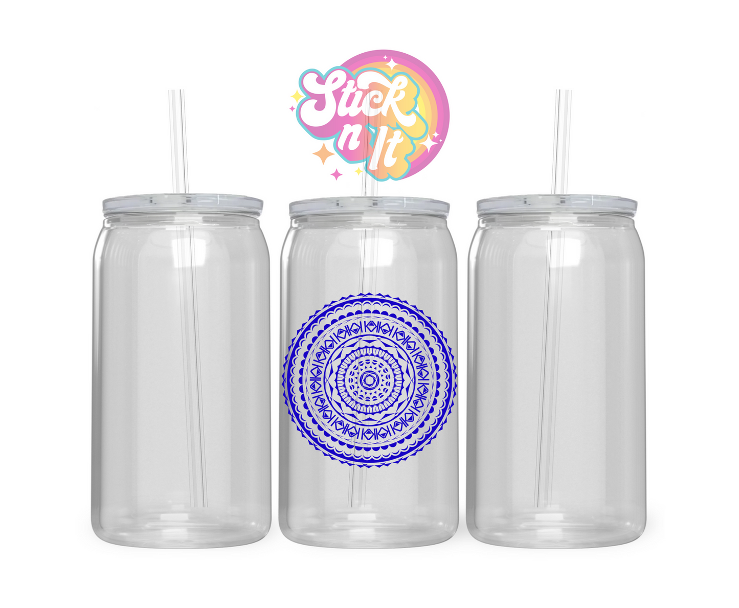 Acrylic cup featuring a round Polynesian Cook Islands design in blue