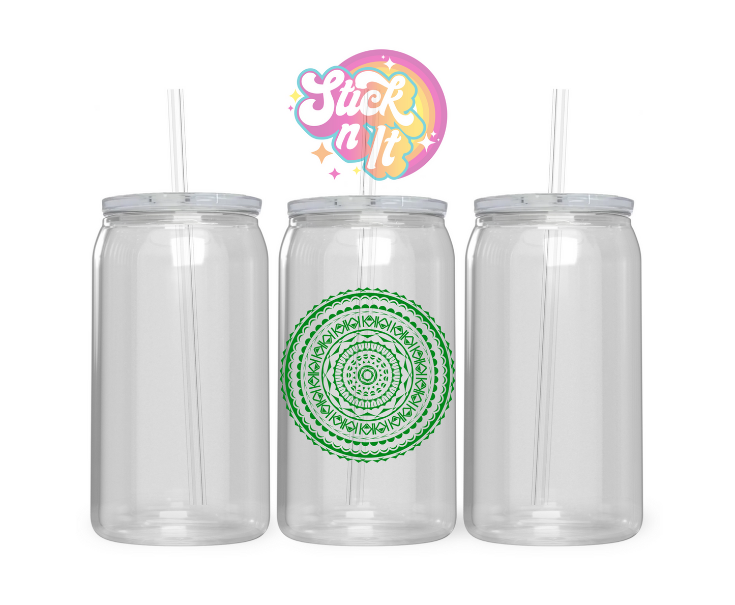 Acrylic cup featuring a round Polynesian Cook Islands design in green