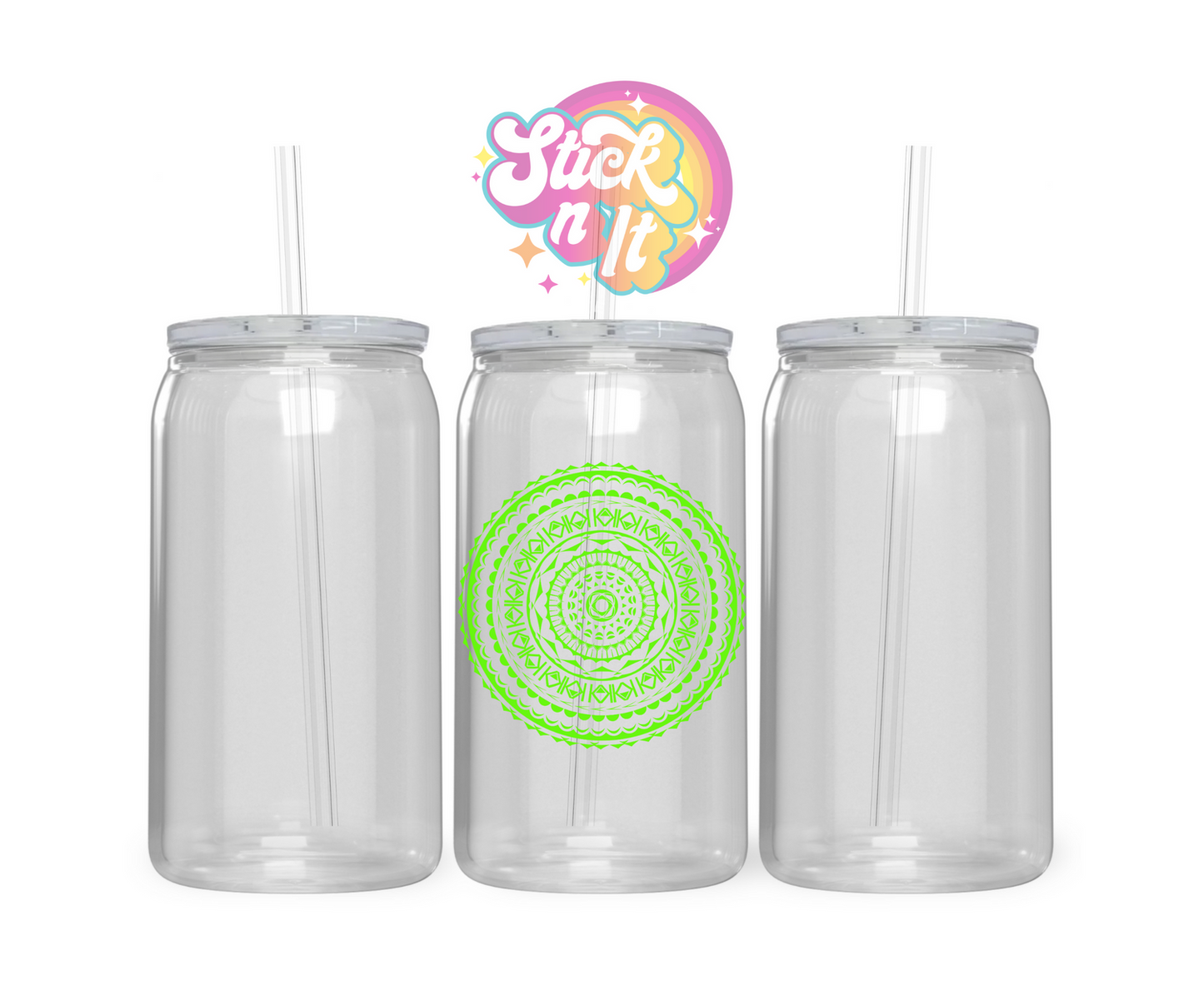 Acrylic cup featuring a round Polynesian Cook Islands design in lime