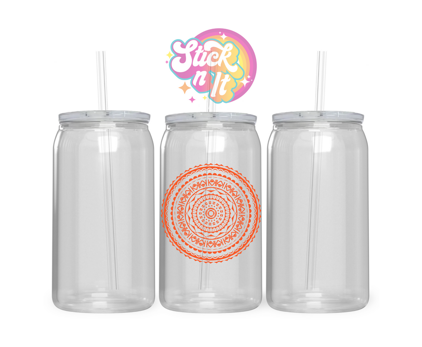 Acrylic cup featuring a round Polynesian Cook Islands design in orange
