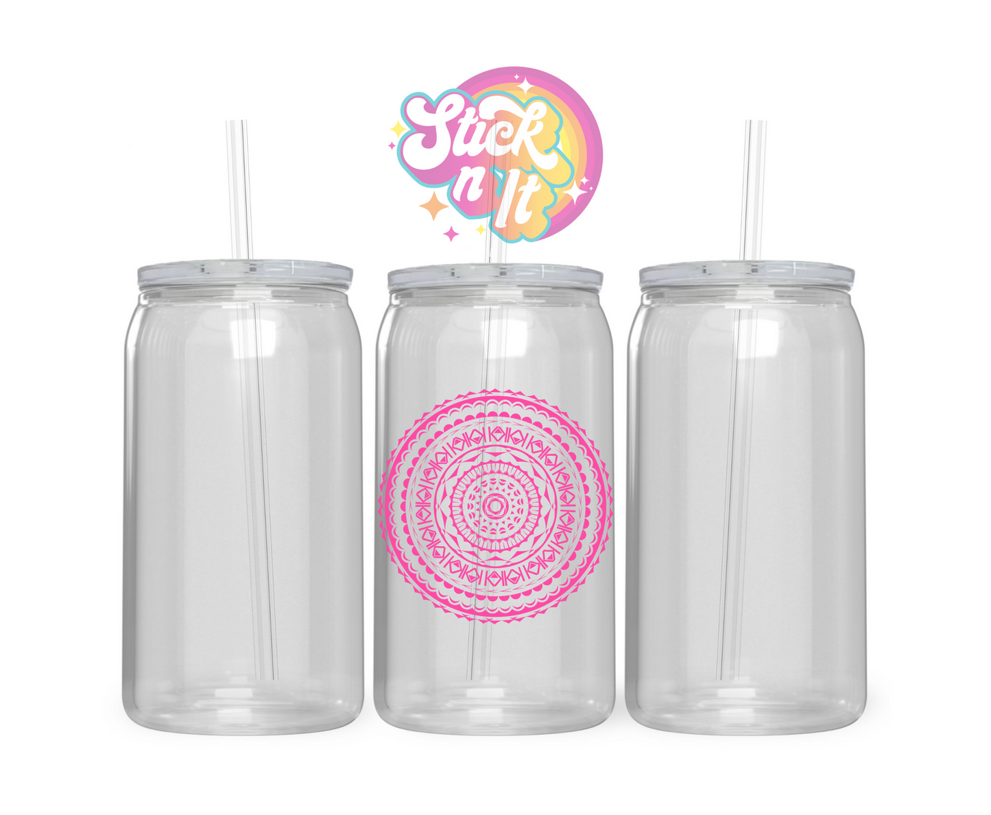 Acrylic cup featuring a round Polynesian Cook Islands design in pink