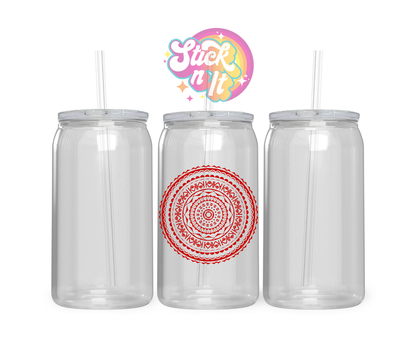 Acrylic cup featuring a round Polynesian Cook Islands design in red